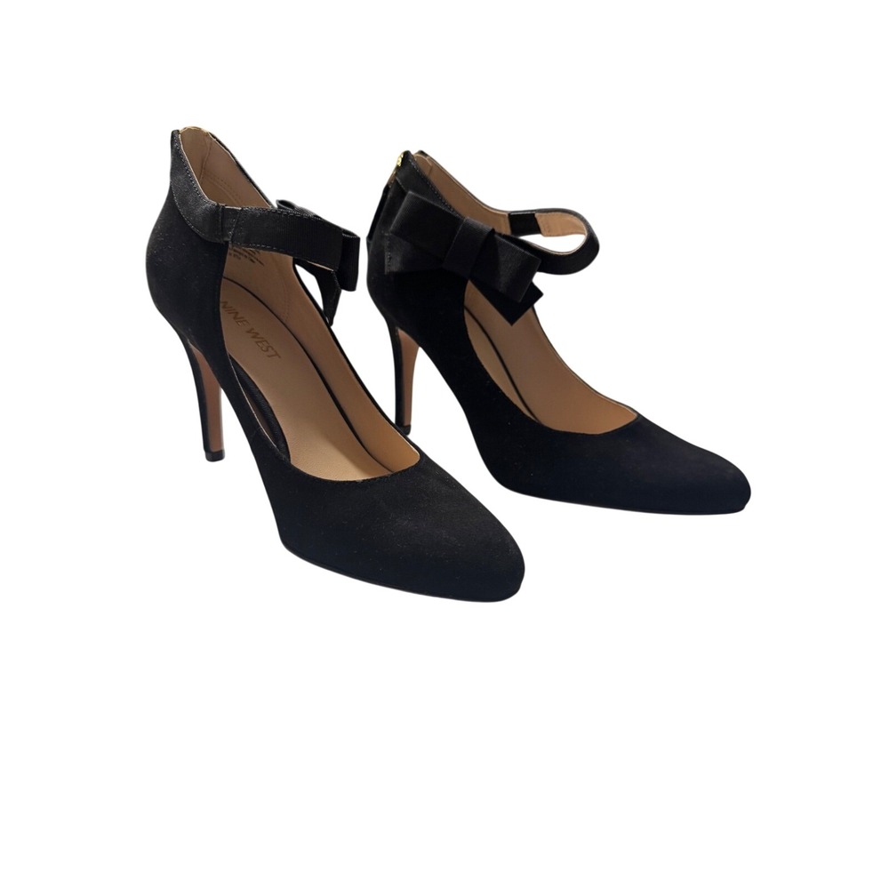 Nine West Gushing Pump Bow Heels Black Ankle Strap Bow Womens 6M NWOT - Picture 2 of 10